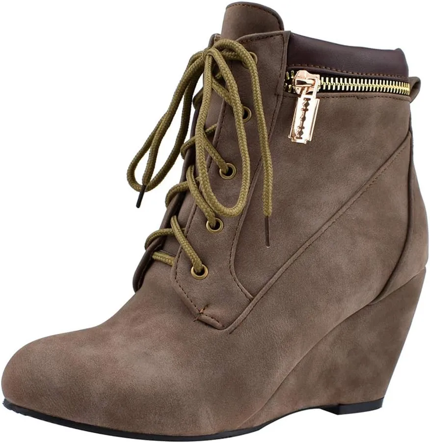 Womens Wedge Heel Ankle Boots Laced Up Ankle Booties with Zip