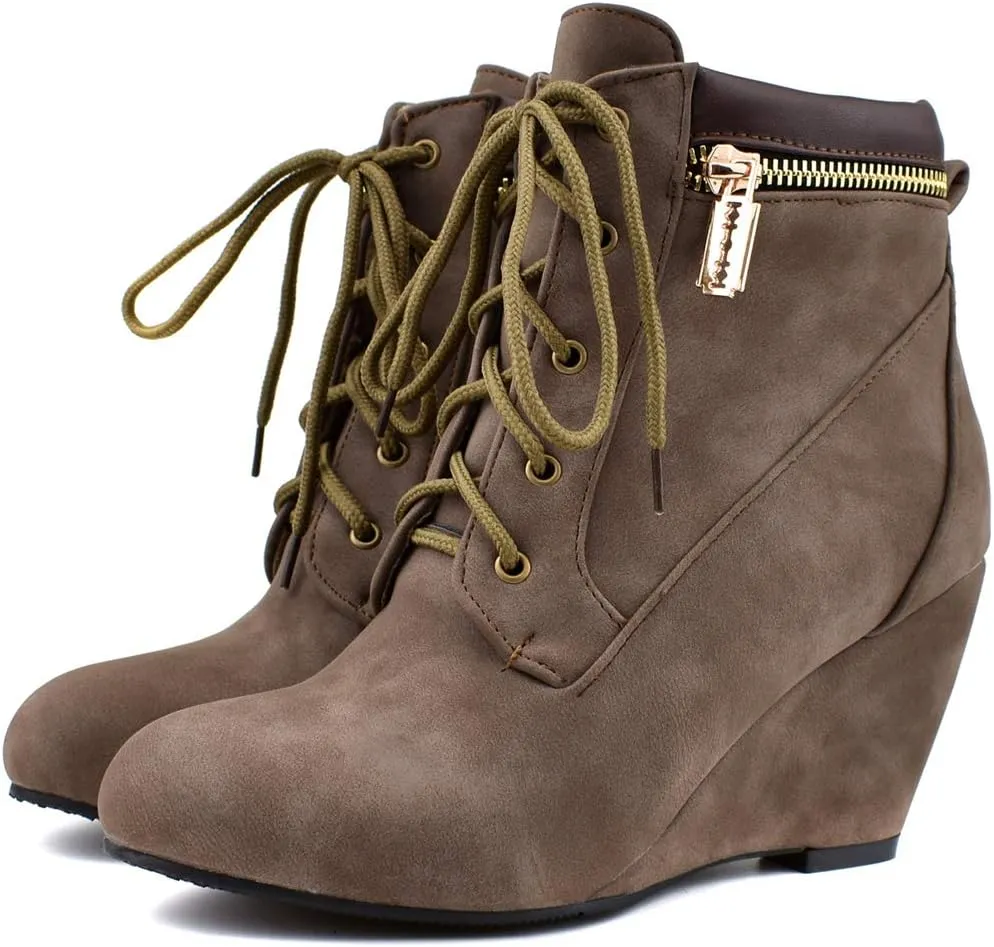 Womens Wedge Heel Ankle Boots Laced Up Ankle Booties with Zip