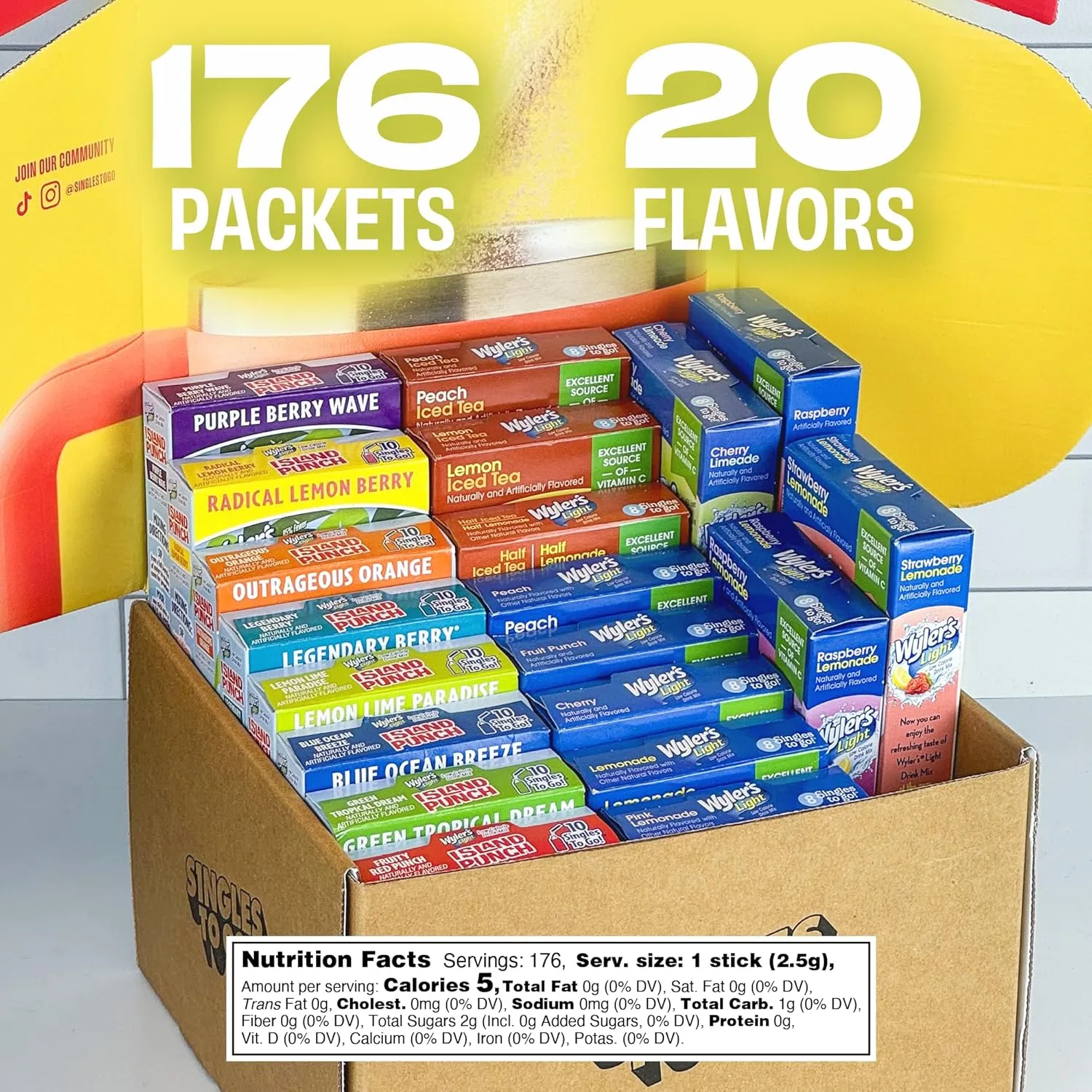 Wyler's Light 20 Flavor Variety Pack - 176 Sugar Free Drink Mix Packets - Water Flavoring Singles to Go