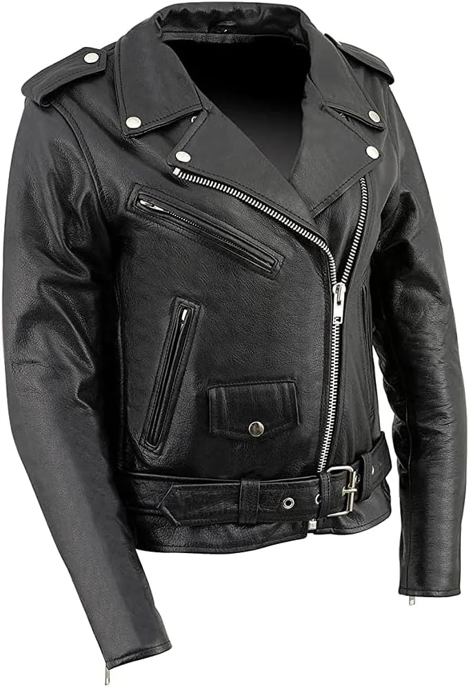 Xelement B7800 Black Motorcycle Leather Jacket for Womens - Ladies Real Genuine Leather Biker Coat