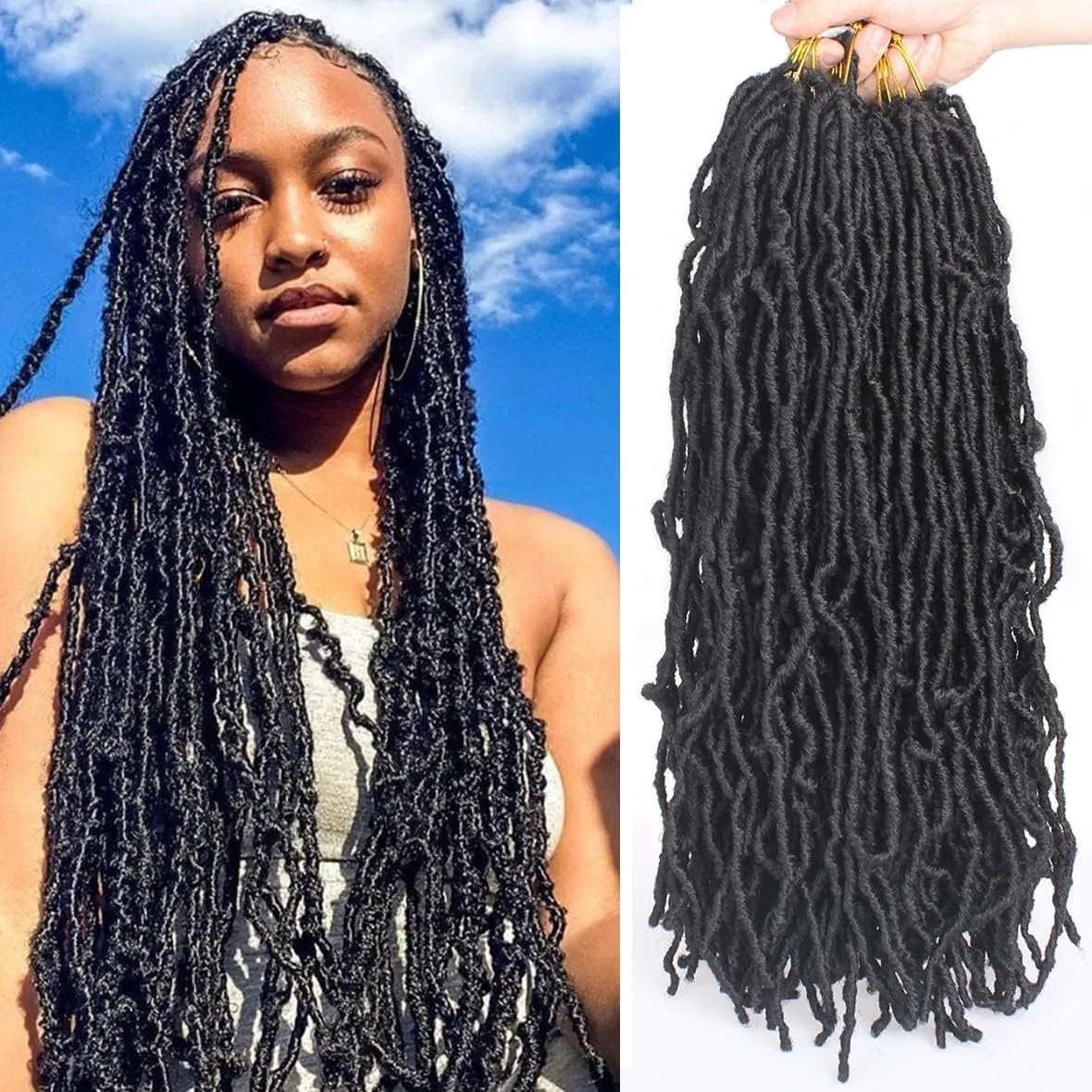 Xtrend 7 Packs New Faux Locks Crochet Braids 24 Inch Soft Locs Crochet Hair Extend Synthetic Dreadlocs Hair 18 Strand/Pack Soft Goddess Curly Wavy Locs Hair for Women 1B#