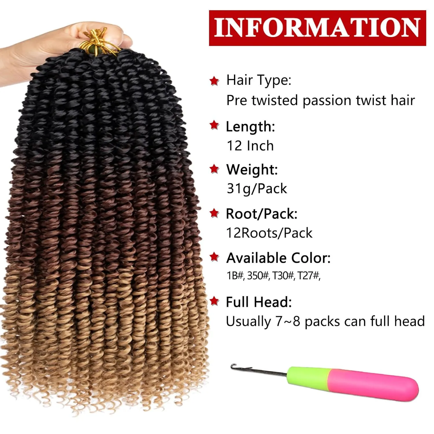 Xtrend 8 Packs Passion Twist Crochet Hair 10 Inch Pre Twisted Natural Passion Twist Hair, Pre Looped Crochet Braids Hair For Women Bohemian Synthetic Passion Braiding Hair Extension (8packs, 1B3027#)