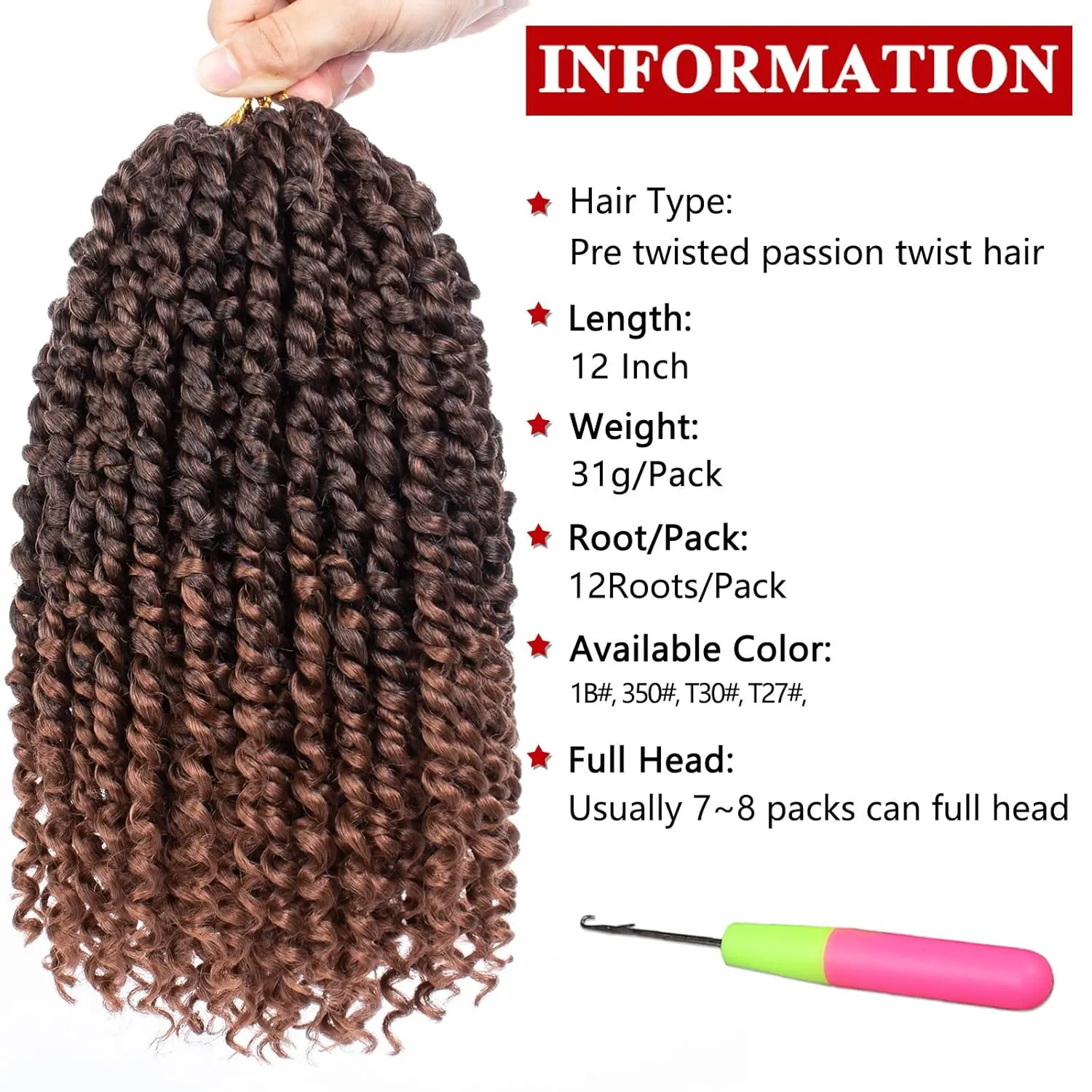 Xtrend 8 Packs Pre Twisted Passion Twist Crochet Hair 12 Inch Natural Pre-looped Passion Twist Crochet Braids Hair For Women Bohemian Synthetic Passion Braiding Hair Extension (8packs, T30#)