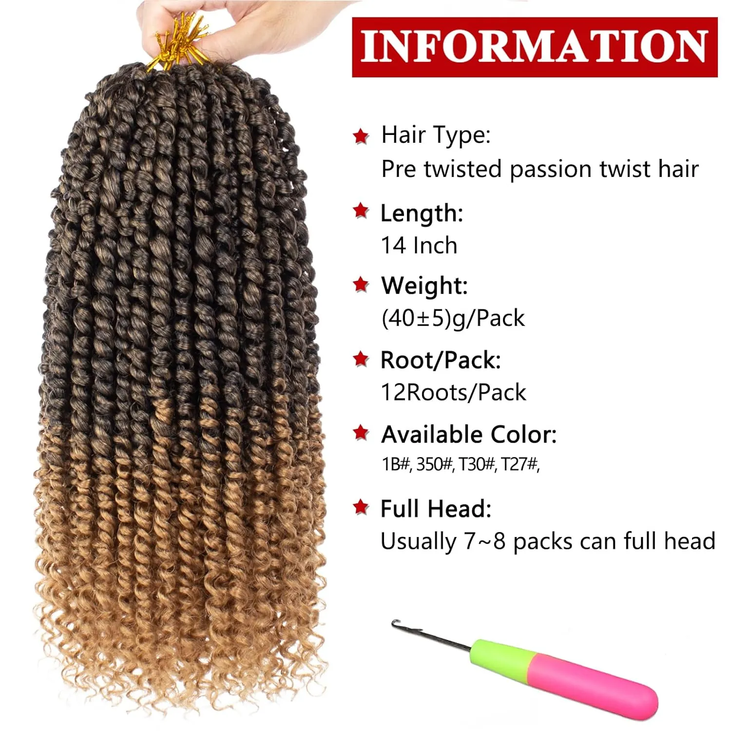 Xtrend 8 Packs Pre-twisted Passion Twist Crochet Hair 14 Inch Natural Pre-looped Crochet Braids Hair For Women Bohemian Synthetic Passion Braiding Hair Extension (8packs, T27#)