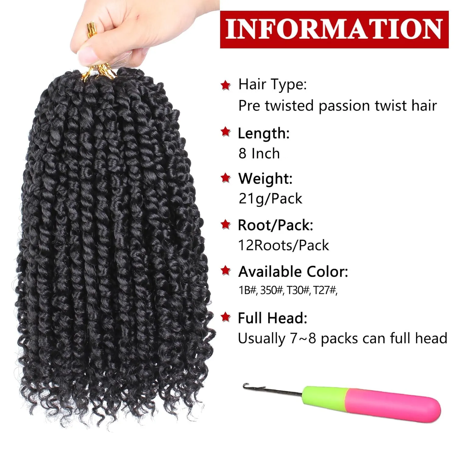Xtrend 8 Packs Pre-twisted Passion Twist Crochet Hair 8 Inch Natural Black Pre-looped Crochet Braids Hair For Women Bohemian Synthetic Passion Braiding Hair Extension (8packs, 1B#)