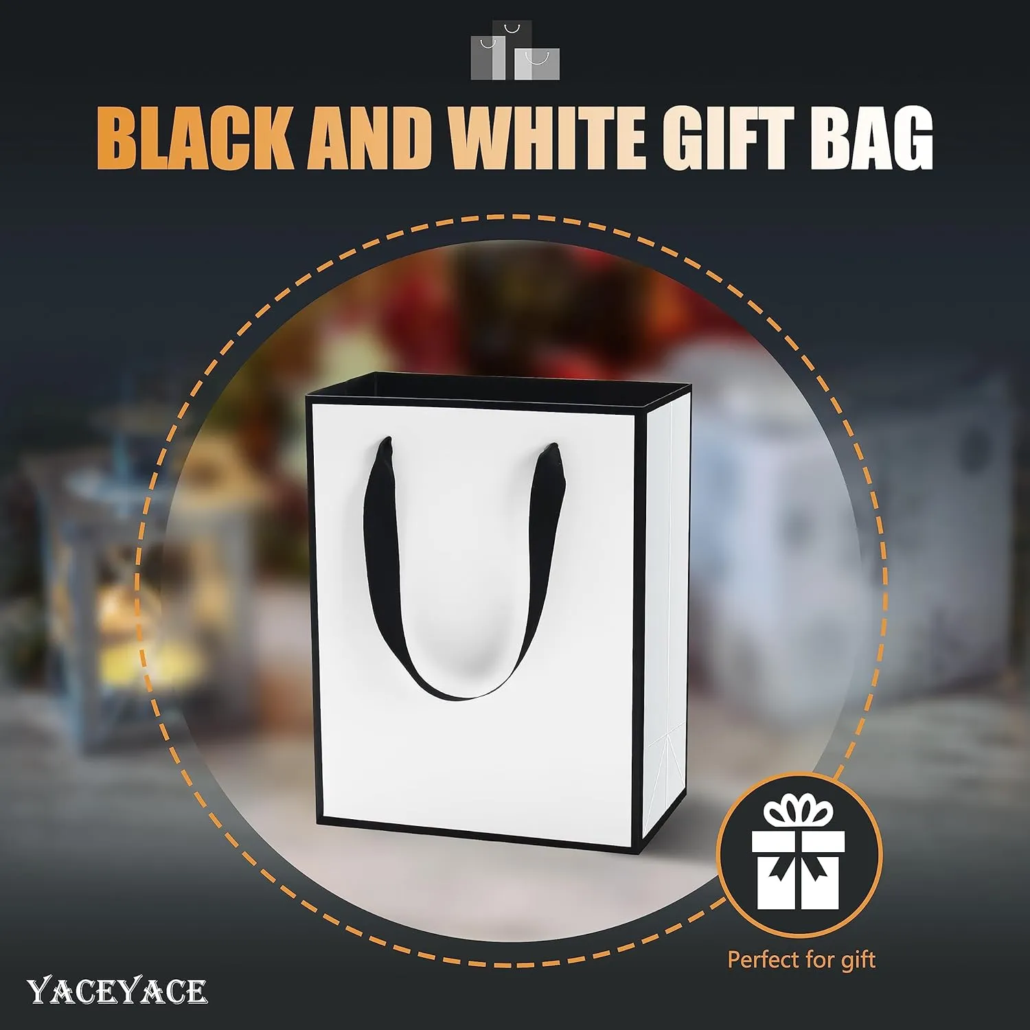 YACEYACE Gift Bags Medium Size, 10Pcs 8"x4.25"x10.5" Black and White Gift Bags with Ribbon Handles Bulk,Gift Bags for Wedding,Boutique,Party,Birthday