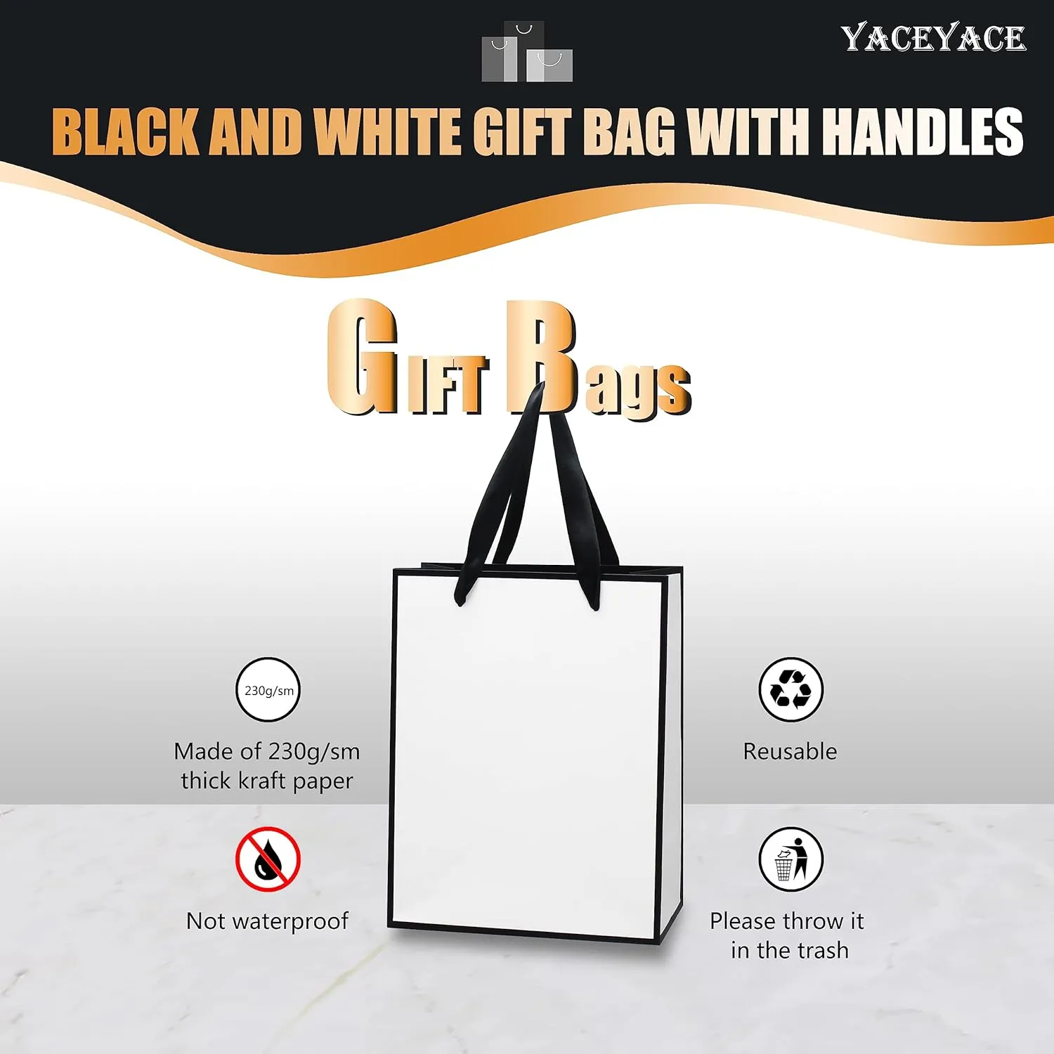 YACEYACE Gift Bags Medium Size, 10Pcs 8"x4.25"x10.5" Black and White Gift Bags with Ribbon Handles Bulk,Gift Bags for Wedding,Boutique,Party,Birthday
