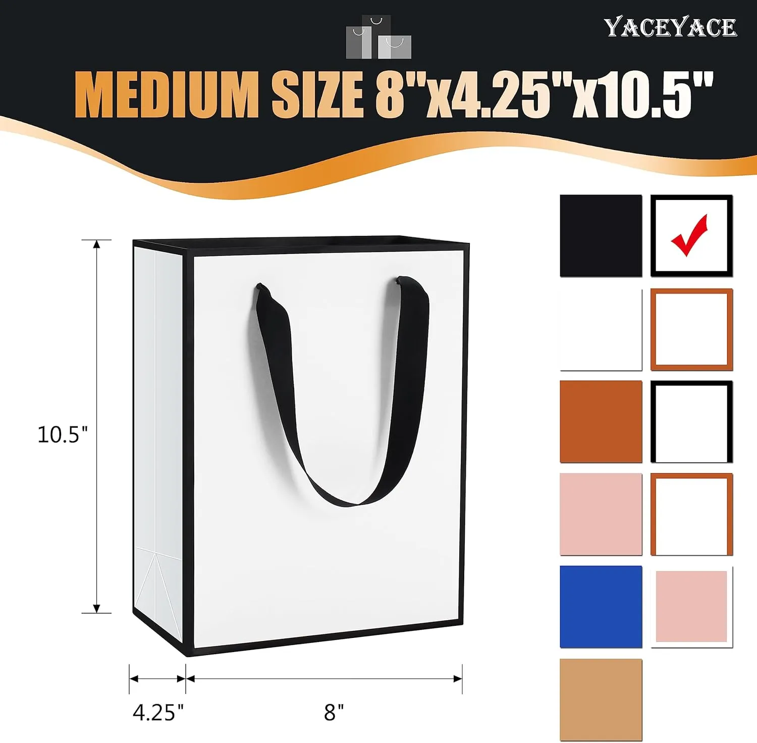YACEYACE Gift Bags Medium Size, 10Pcs 8"x4.25"x10.5" Black and White Gift Bags with Ribbon Handles Bulk,Gift Bags for Wedding,Boutique,Party,Birthday