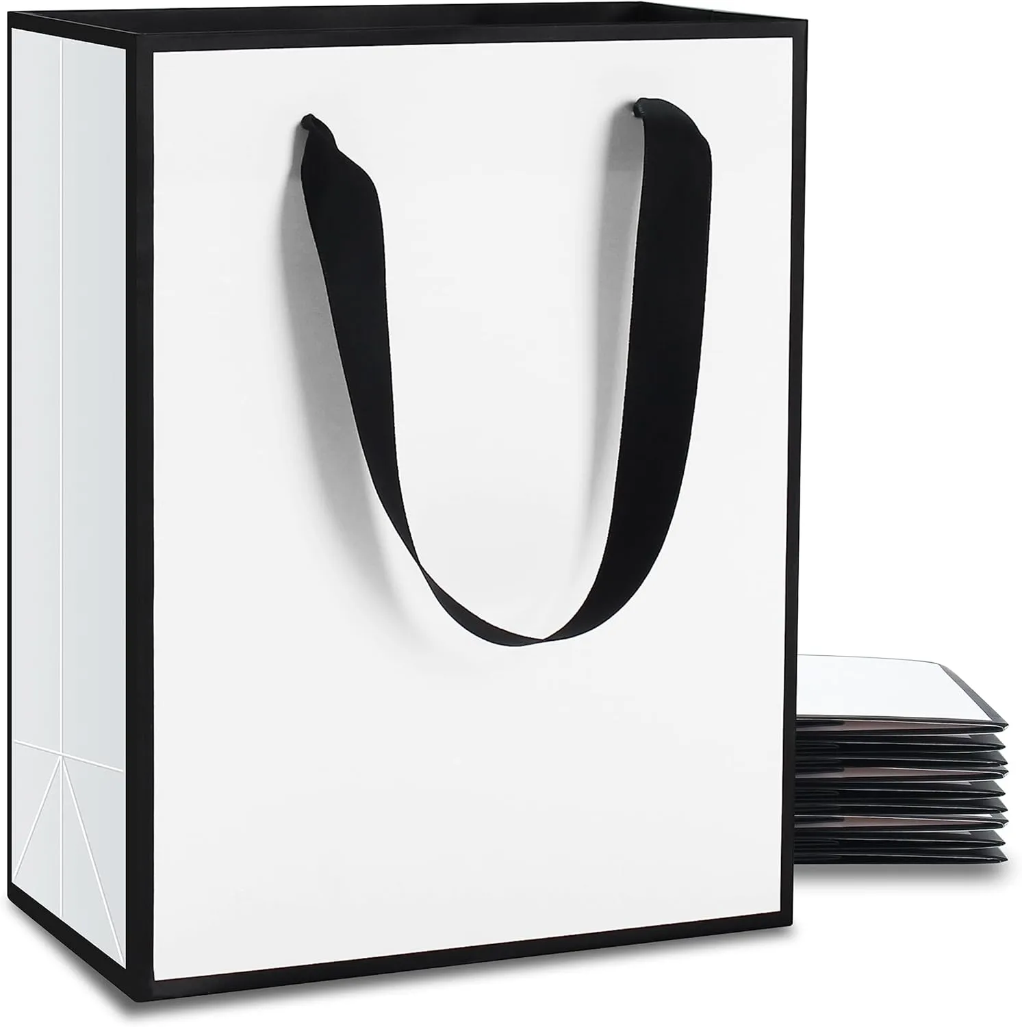 YACEYACE Gift Bags Medium Size, 10Pcs 8"x4.25"x10.5" Black and White Gift Bags with Ribbon Handles Bulk,Gift Bags for Wedding,Boutique,Party,Birthday