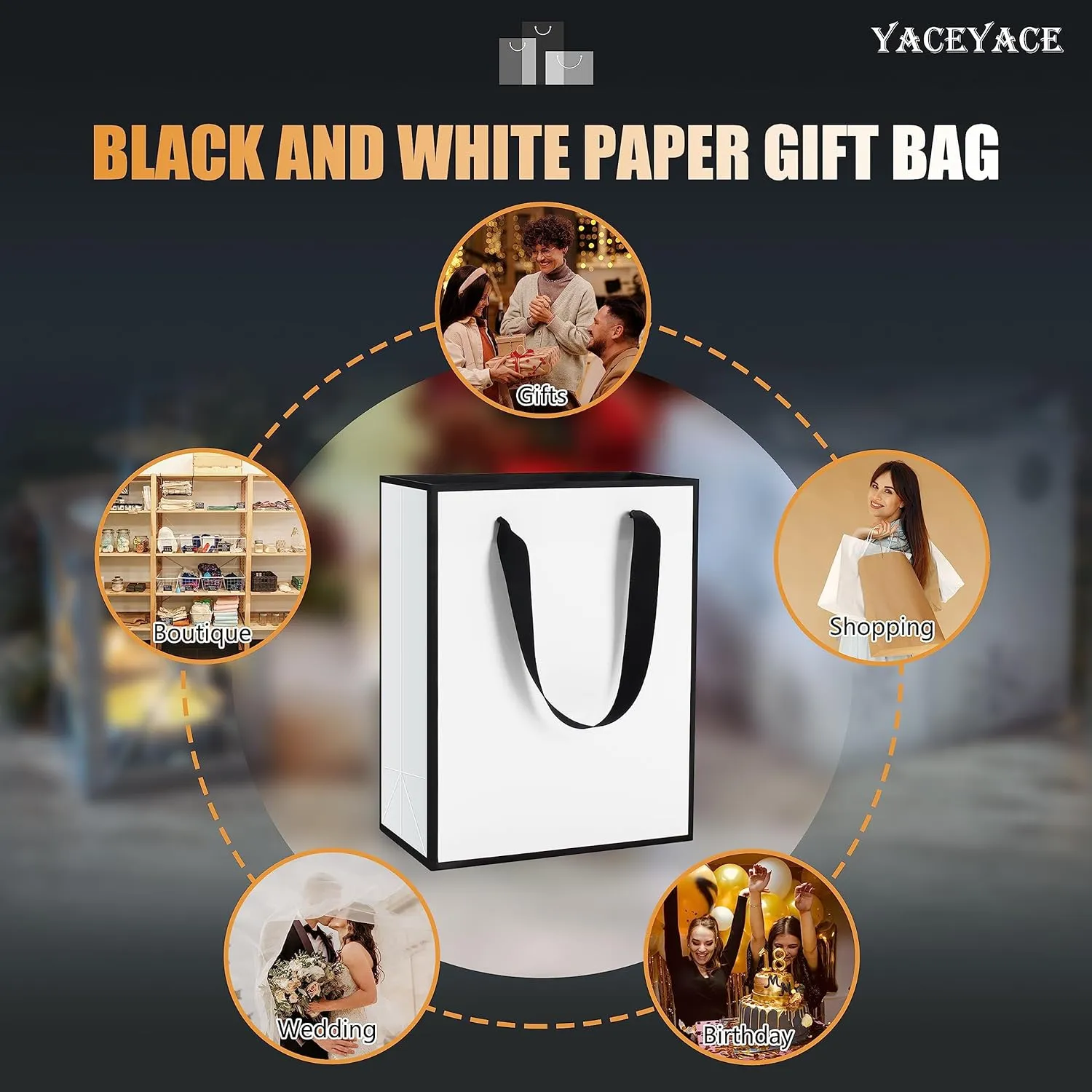 YACEYACE Gift Bags Medium Size, 10Pcs 8"x4.25"x10.5" Black and White Gift Bags with Ribbon Handles Bulk,Gift Bags for Wedding,Boutique,Party,Birthday