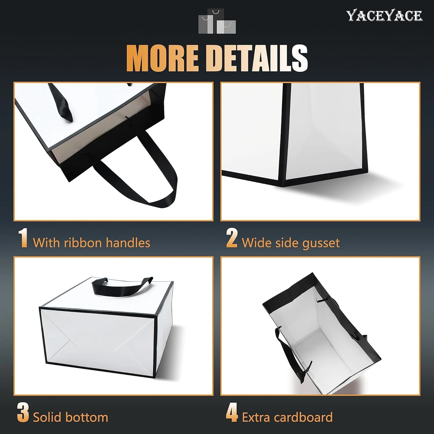 YACEYACE Gift Bags Medium Size, 10Pcs 8"x4.25"x10.5" Black and White Gift Bags with Ribbon Handles Bulk,Gift Bags for Wedding,Boutique,Party,Birthday
