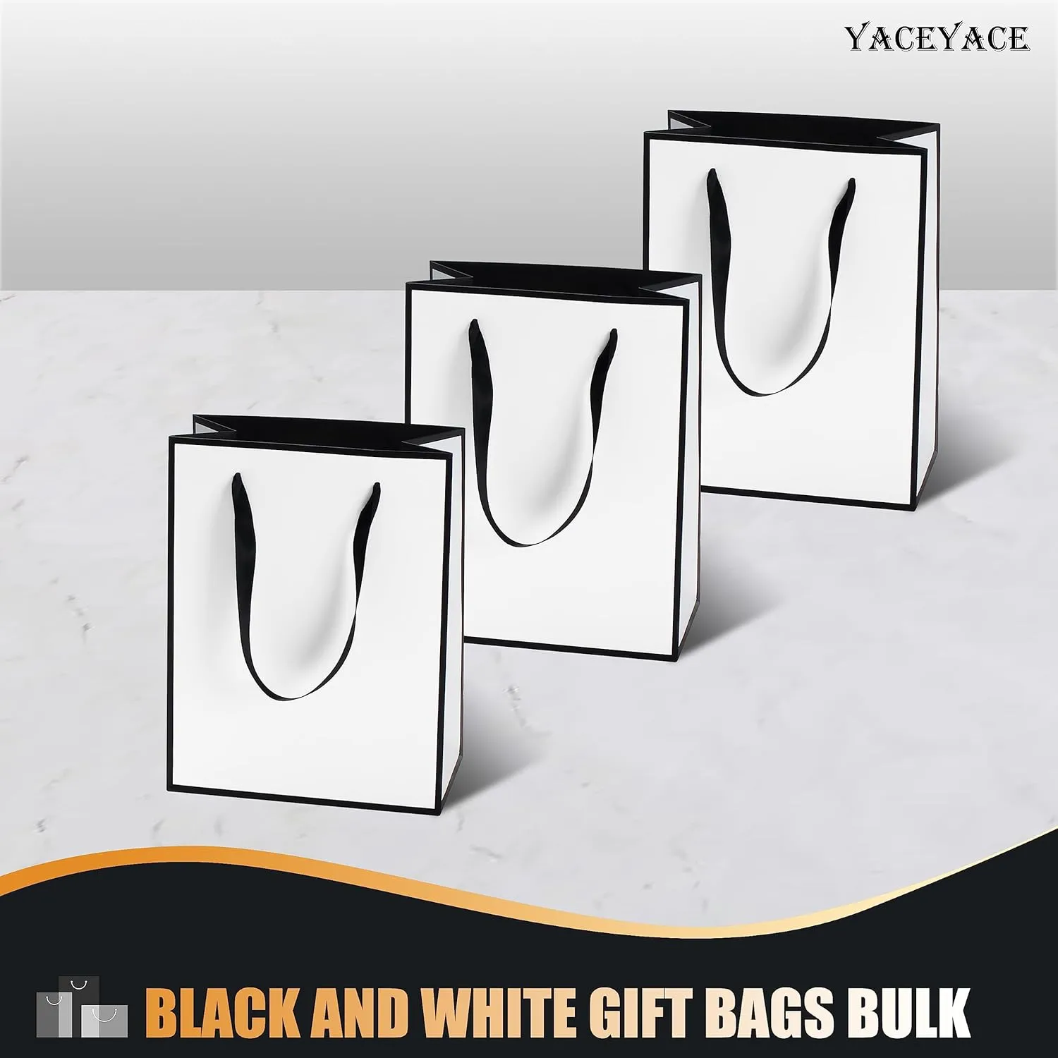 YACEYACE Gift Bags Medium Size, 10Pcs 8"x4.25"x10.5" Black and White Gift Bags with Ribbon Handles Bulk,Gift Bags for Wedding,Boutique,Party,Birthday