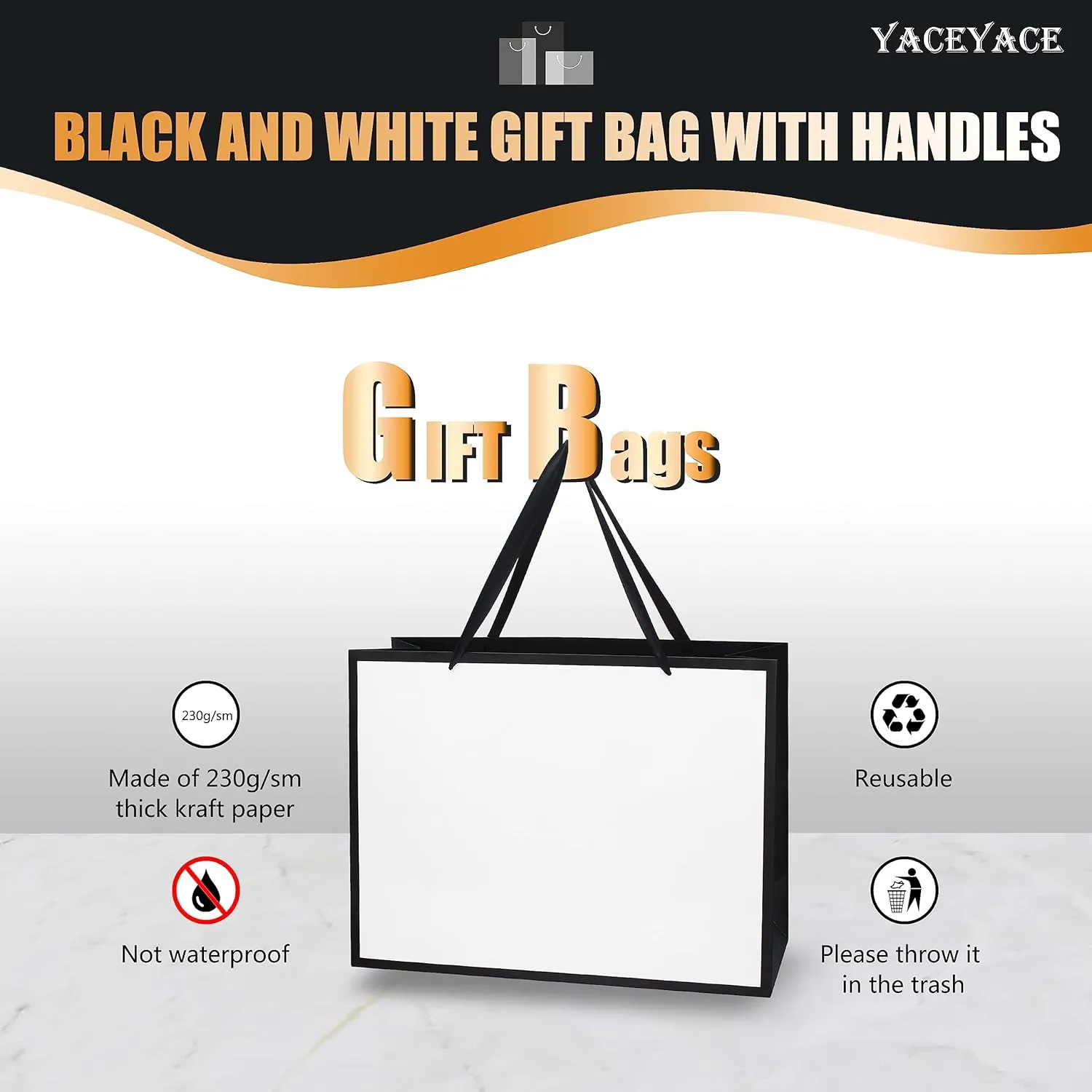 YACEYACE Large Black and White Gift Bags Bulk, 10Pcs 16"x6"x12" Extra Large White and Black Bags with Ribbon Handles, Heavy Dute Paper Shopping Bags
