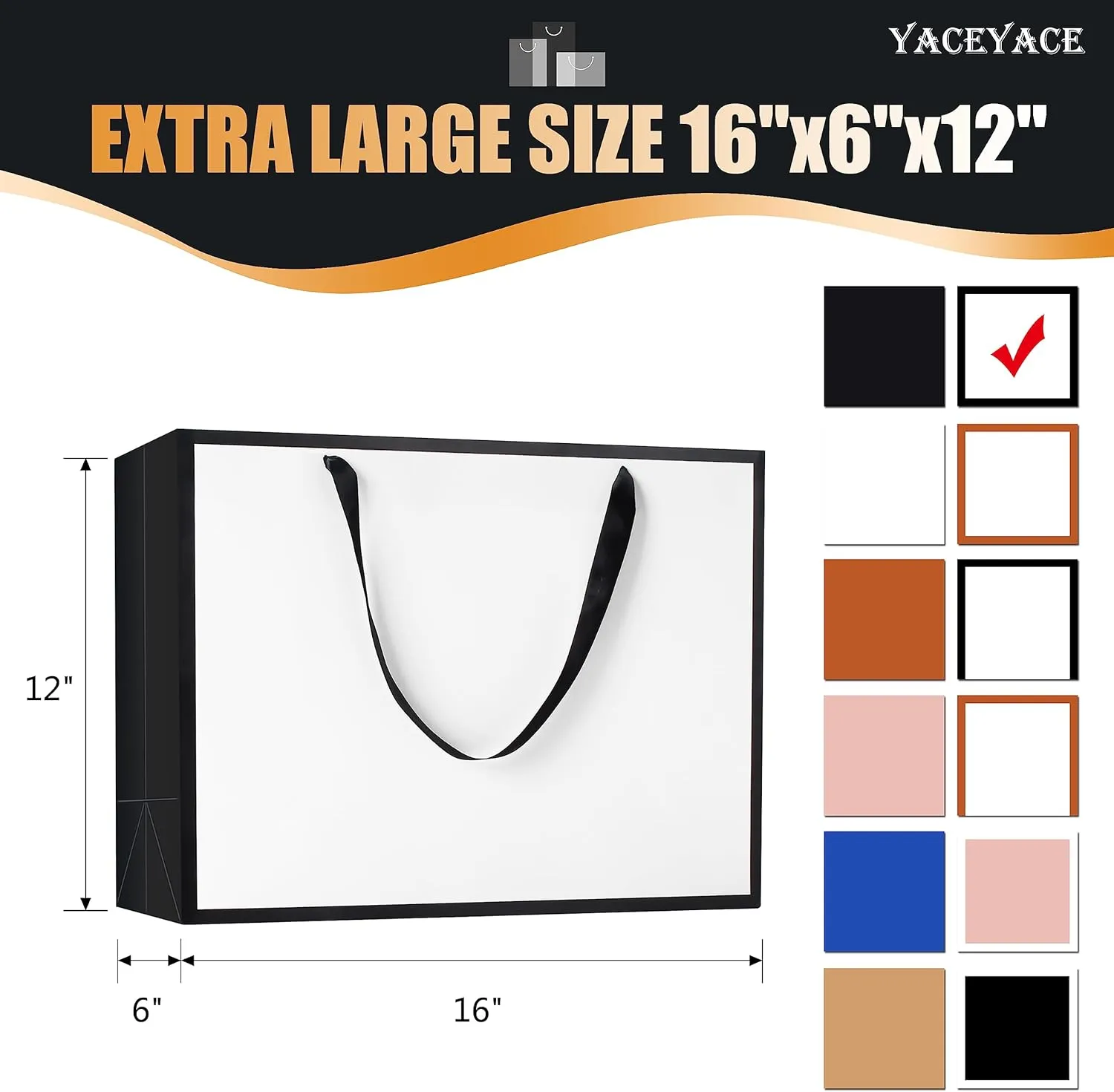 YACEYACE Large Black and White Gift Bags Bulk, 10Pcs 16"x6"x12" Extra Large White and Black Bags with Ribbon Handles, Heavy Dute Paper Shopping Bags