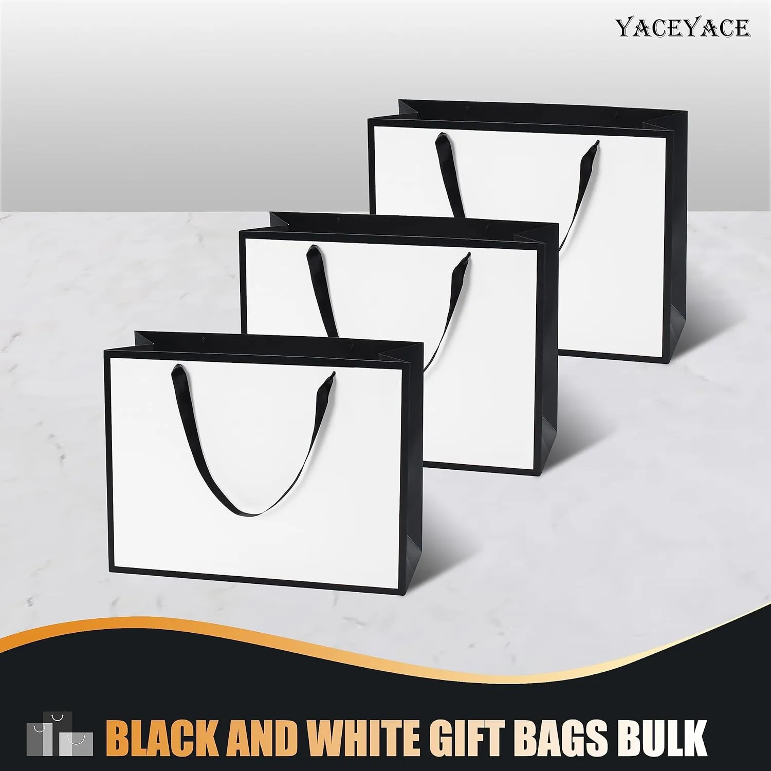 YACEYACE Large Black and White Gift Bags Bulk, 10Pcs 16"x6"x12" Extra Large White and Black Bags with Ribbon Handles, Heavy Dute Paper Shopping Bags