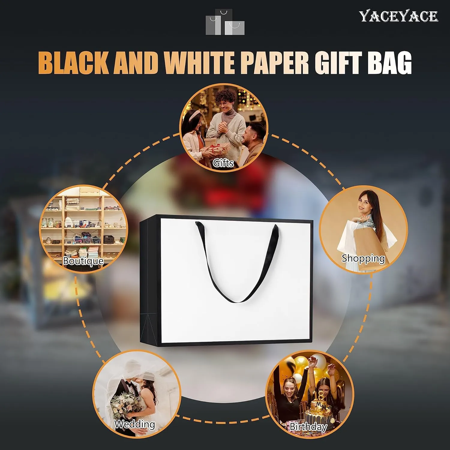 YACEYACE Large Black and White Gift Bags Bulk, 10Pcs 16"x6"x12" Extra Large White and Black Bags with Ribbon Handles, Heavy Dute Paper Shopping Bags