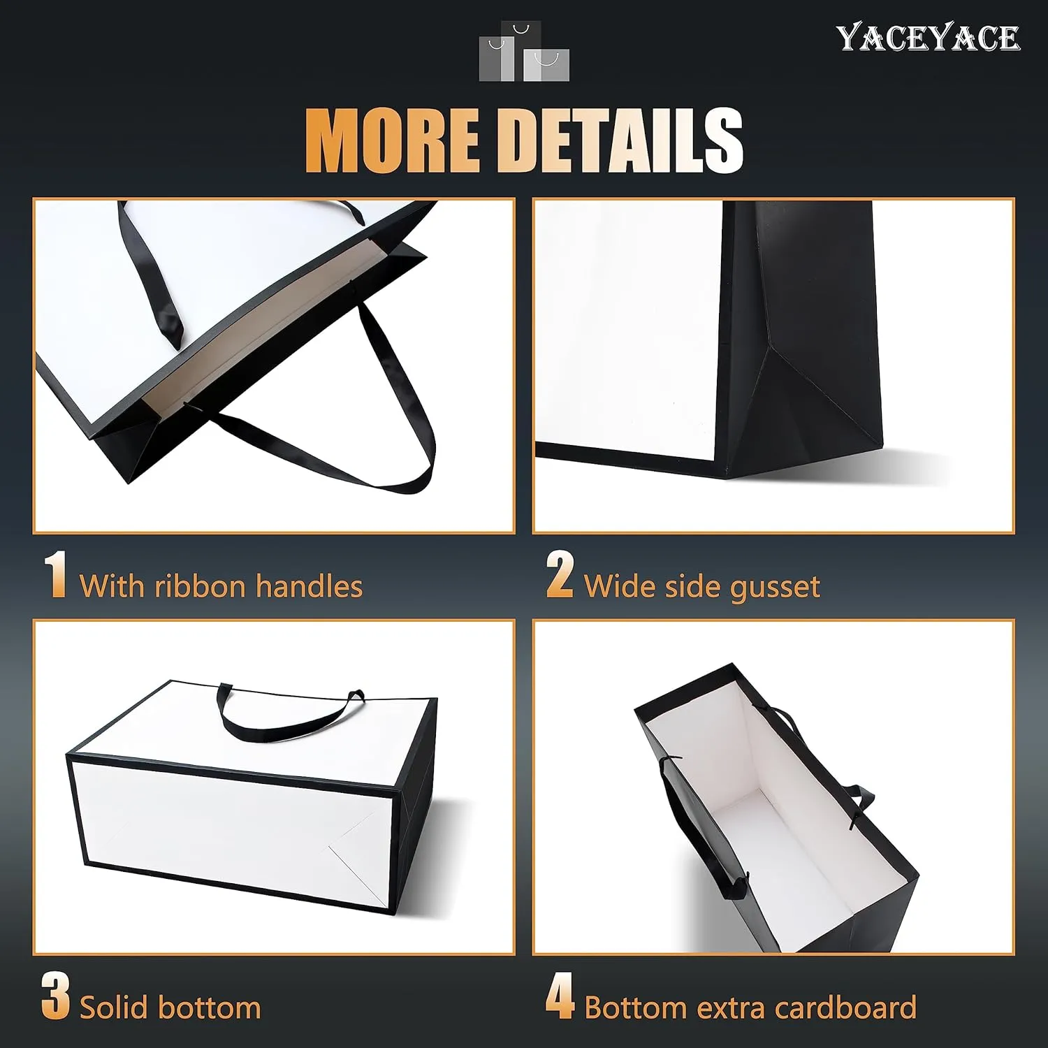 YACEYACE Large Black and White Gift Bags Bulk, 10Pcs 16"x6"x12" Extra Large White and Black Bags with Ribbon Handles, Heavy Dute Paper Shopping Bags