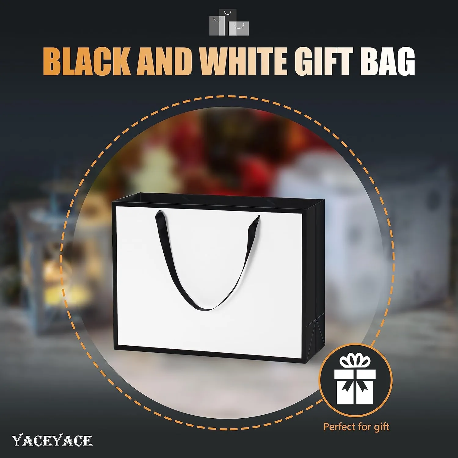 YACEYACE Large Black and White Gift Bags Bulk, 10Pcs 16"x6"x12" Extra Large White and Black Bags with Ribbon Handles, Heavy Dute Paper Shopping Bags