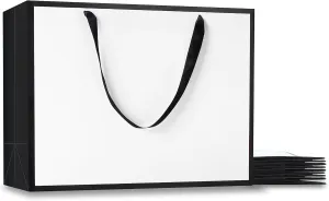 YACEYACE Large Black and White Gift Bags Bulk, 10Pcs 16"x6"x12" Extra Large White and Black Bags with Ribbon Handles, Heavy Dute Paper Shopping Bags