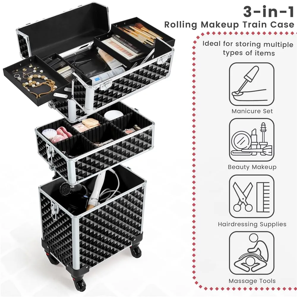 Yaheetech Rolling Makeup Train Case 3 in 1 Cosmetic Case Professional Makeup Suitcase Large Aluminum Cosmetic Trolley with Swivel Wheels and Key, Diamond Pattern- Black