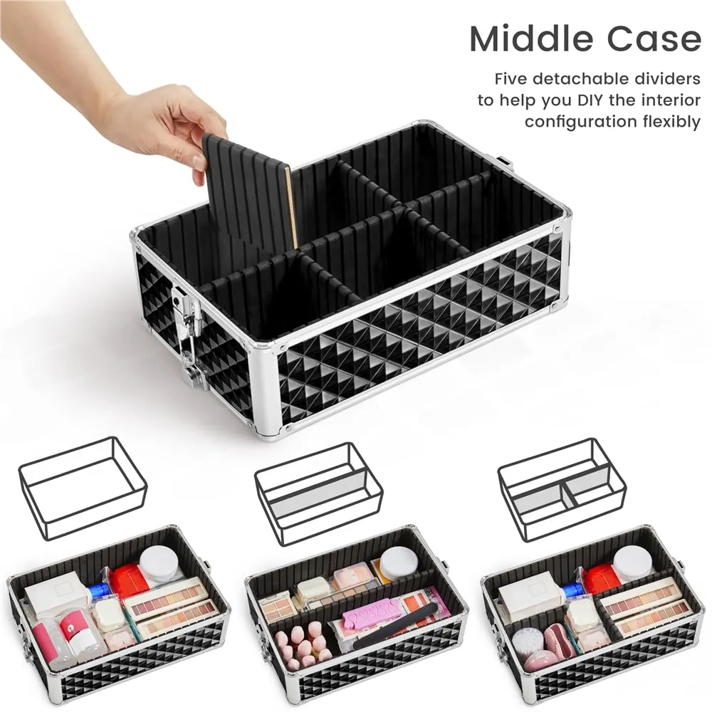 Yaheetech Rolling Makeup Train Case 3 in 1 Cosmetic Case Professional Makeup Suitcase Large Aluminum Cosmetic Trolley with Swivel Wheels and Key, Diamond Pattern- Black