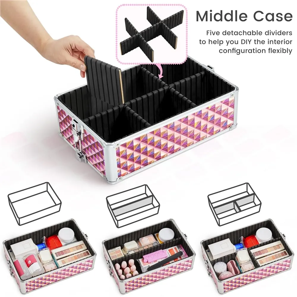 Yaheetech Rolling Makeup Train Case 3 in 1 Cosmetic Case Professional Makeup Suitcase Large Aluminum Cosmetic Trolley with Swivel Wheels and Key, Diamond Pattern- Pink