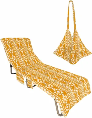 Yellow White Geometric Chaise Lounger Cover with Pockets, Pool Lounge Chair Covers 85"x29", American Native Ethnic Tribal Patterns Microfiber Beach Chair Cover for Outdoor Patio Sunbathing
