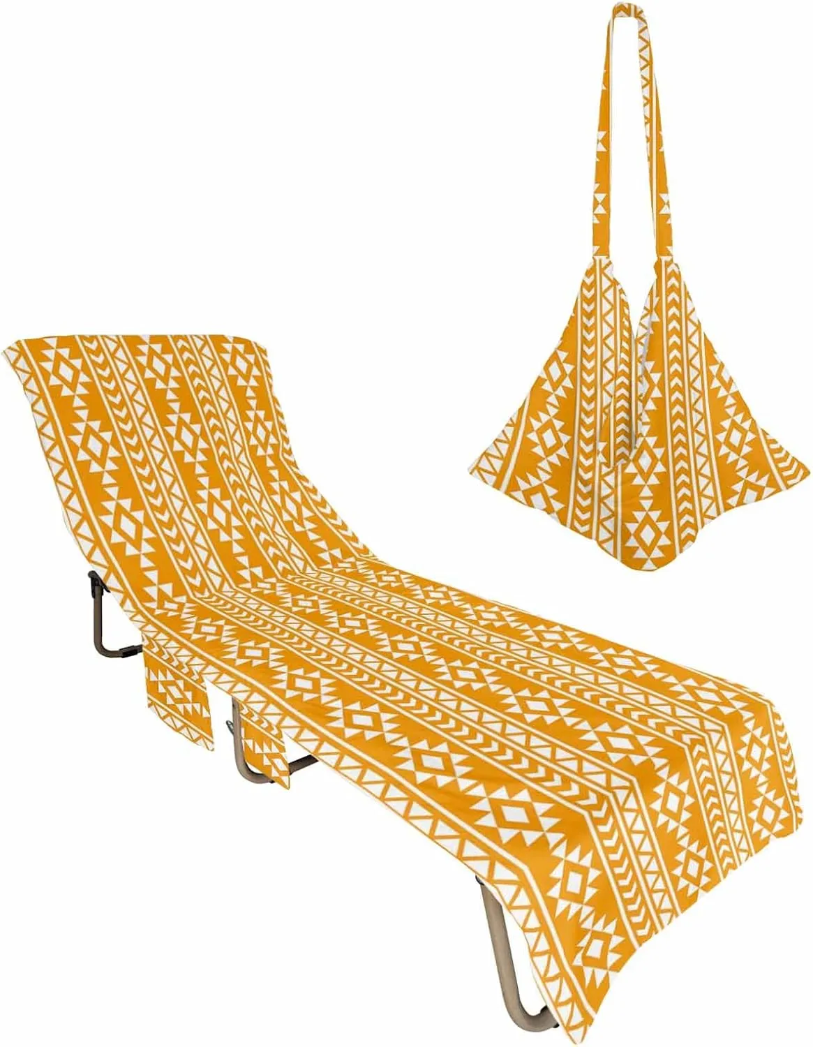 Yellow White Geometric Chaise Lounger Cover with Pockets, Pool Lounge Chair Covers 85"x29", American Native Ethnic Tribal Patterns Microfiber Beach Chair Cover for Outdoor Patio Sunbathing