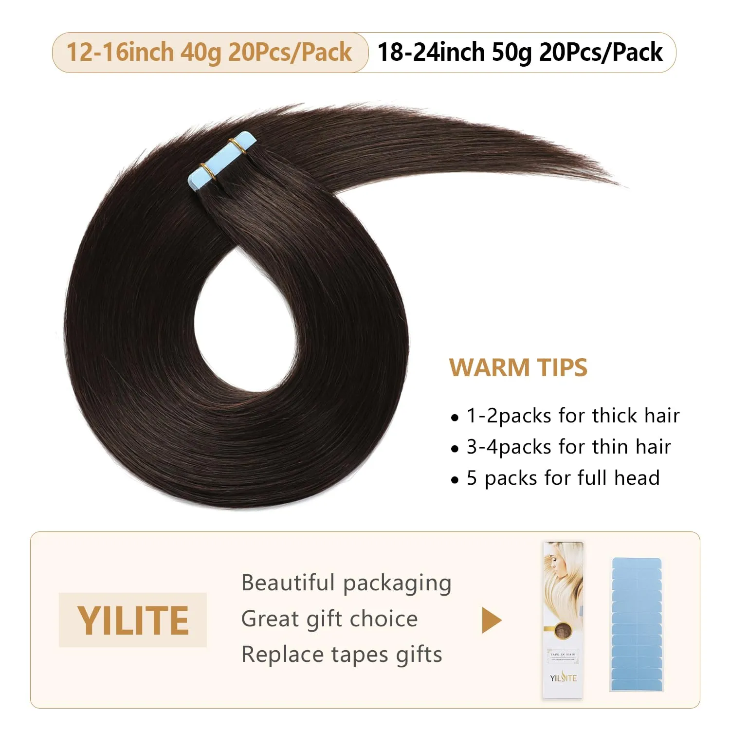 YILITE Tape in Hair Extensions Human Hair 22 inches 20pcs 50g Silky Straight Hair Tape in Hair Extensions Off Black Real Human Hair Extensions