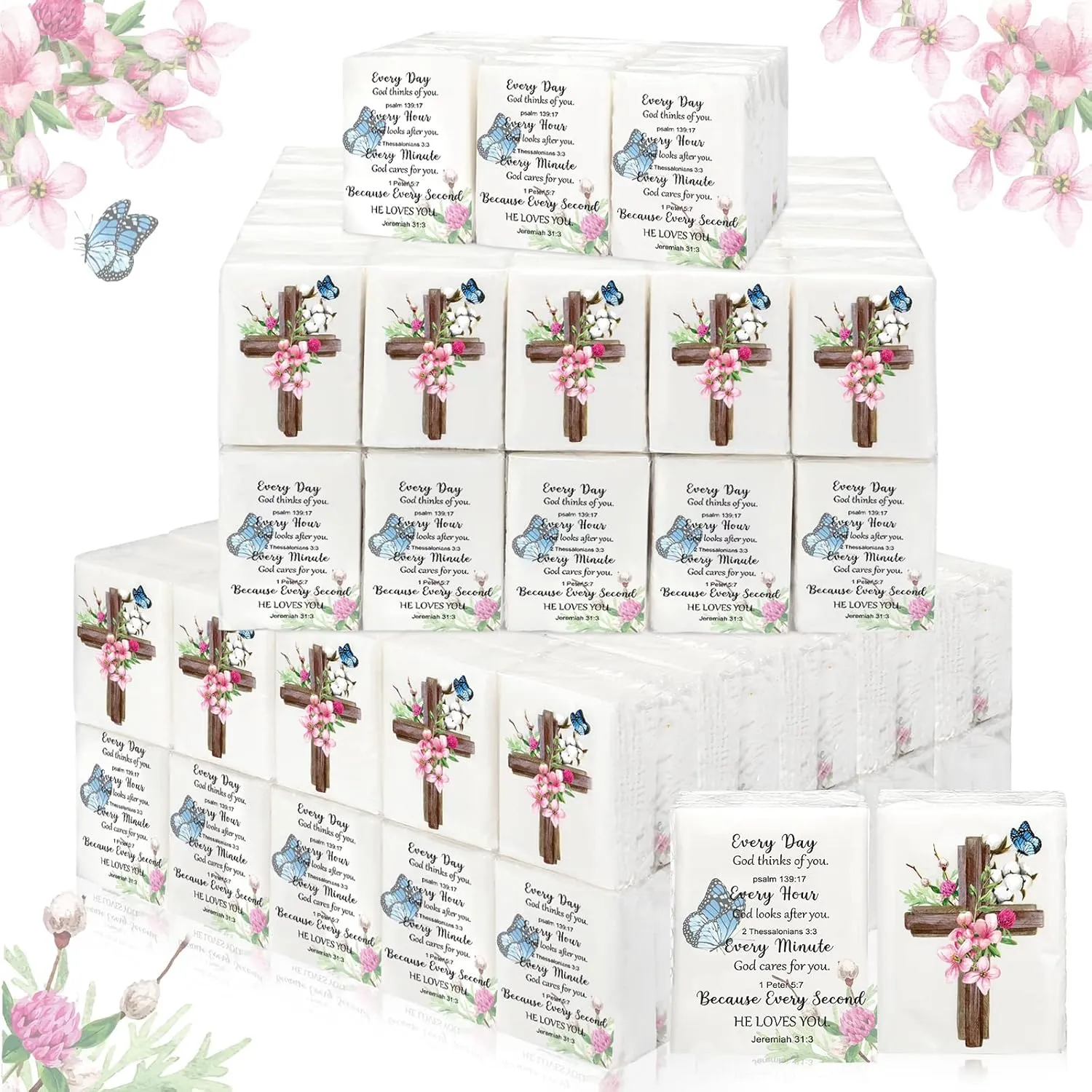 Yinder 100 Pack Christian Pocket Tissues Bulk Bible Travel Size Cube Boxes Size Individual Mini Facial 3 Ply Tissues Packs for Funeral Wedding Graduation Party Daily Use(100 Packs,Classic)