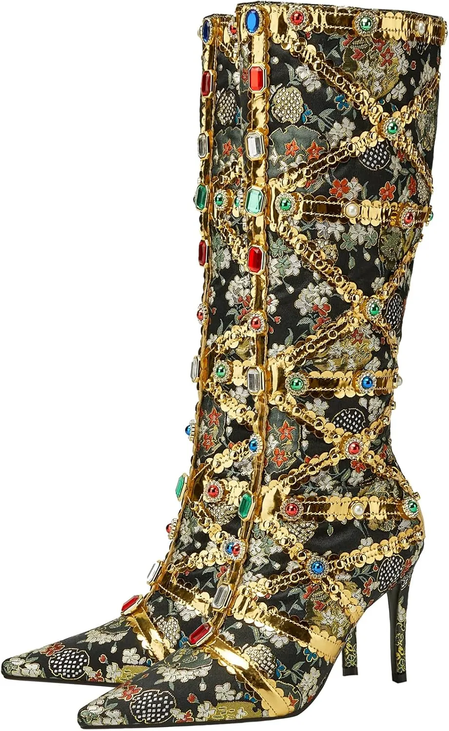 YIYA Women's Gold Jeweled Embellished Boots Floral Print Crystal Gem Knee High Boots Sexy Pointed Toe Stiletto High Heels Side Zipper Long Booties