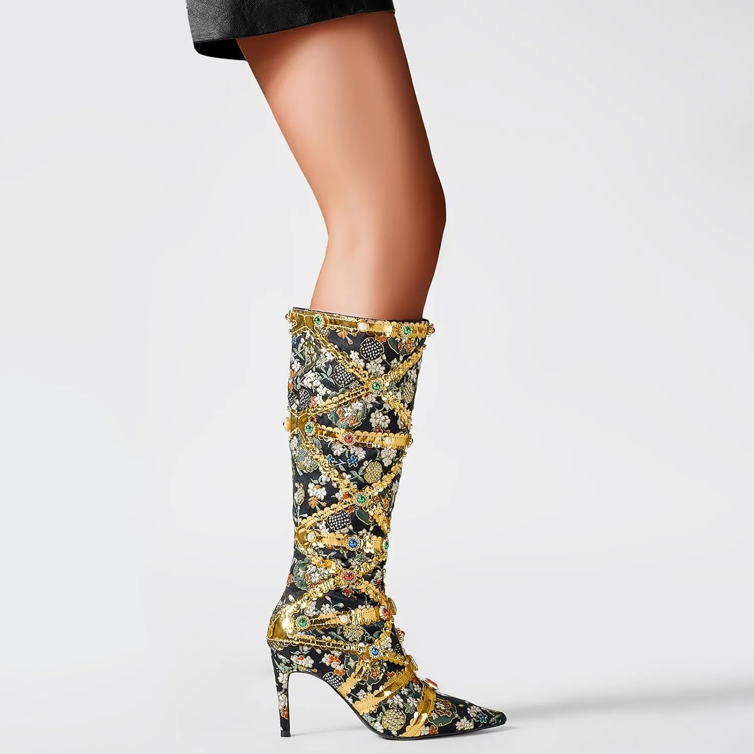YIYA Women's Gold Jeweled Embellished Boots Floral Print Crystal Gem Knee High Boots Sexy Pointed Toe Stiletto High Heels Side Zipper Long Booties