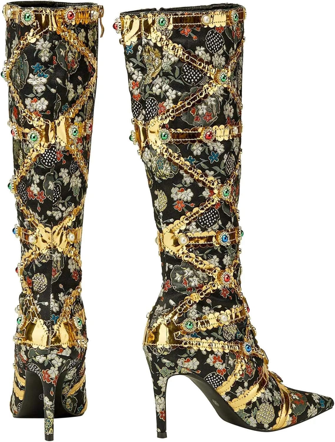 YIYA Women's Gold Jeweled Embellished Boots Floral Print Crystal Gem Knee High Boots Sexy Pointed Toe Stiletto High Heels Side Zipper Long Booties