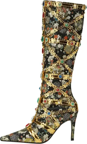 YIYA Women's Gold Jeweled Embellished Boots Floral Print Crystal Gem Knee High Boots Sexy Pointed Toe Stiletto High Heels Side Zipper Long Booties