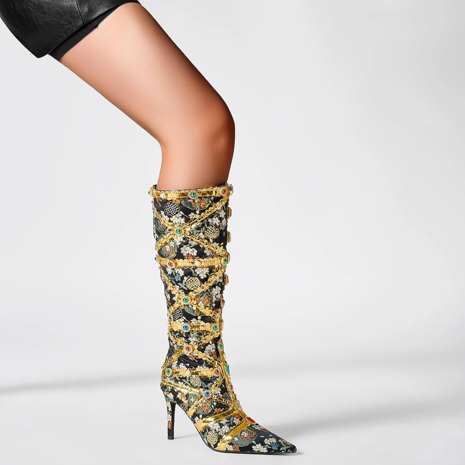 YIYA Women's Gold Jeweled Embellished Boots Floral Print Crystal Gem Knee High Boots Sexy Pointed Toe Stiletto High Heels Side Zipper Long Booties