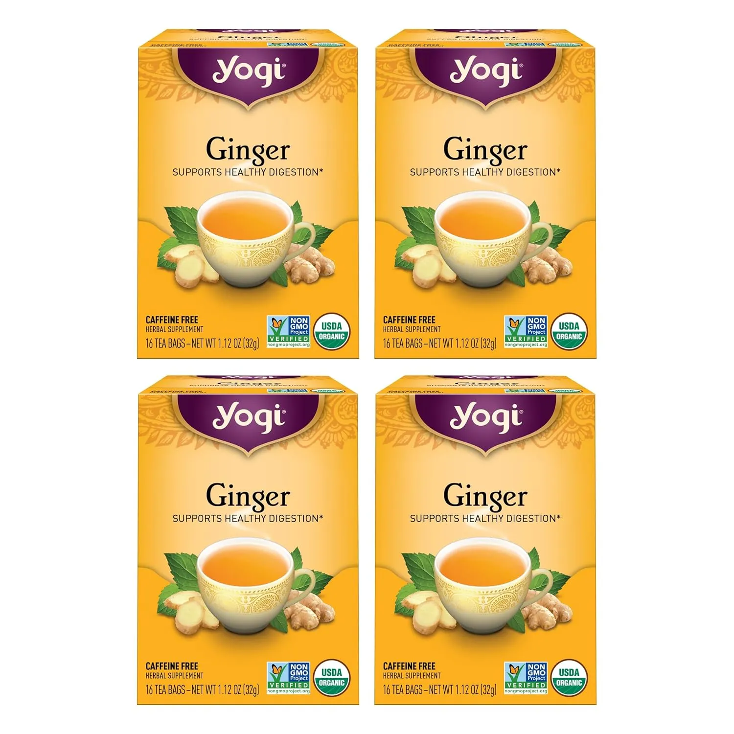 Yogi Tea Ginger - 16 Bags per Pack (4 Packs) - Organic Digestive Support Tea - Includes Ginger Root, Lemongrass, Licorice Root, Peppermint Leaf & Black Pepper