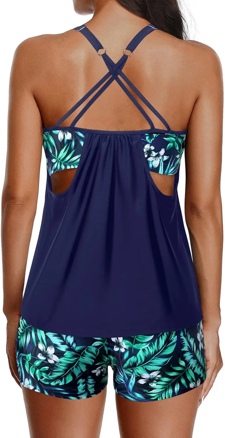 Yonique Tankini Swimsuits for Women Athletic Swim Tank Top with Boy Shorts Two Piece Tummy Control Bathing Suits