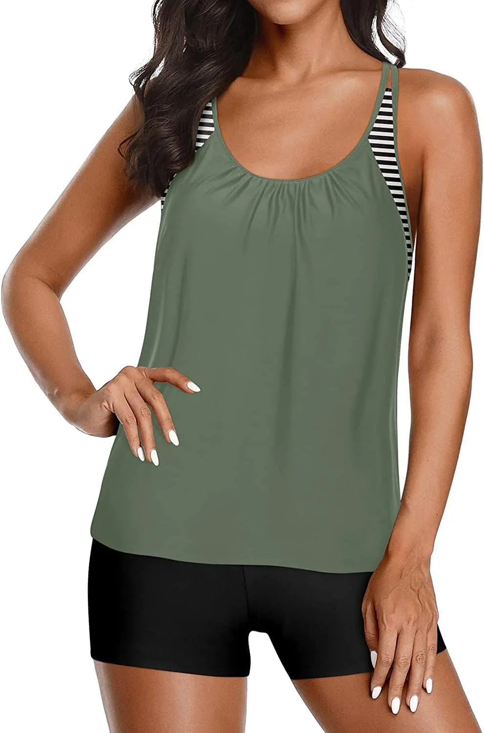 Yonique Tankini Swimsuits for Women Athletic Swim Tank Top with Boy Shorts Two Piece Tummy Control Bathing Suits