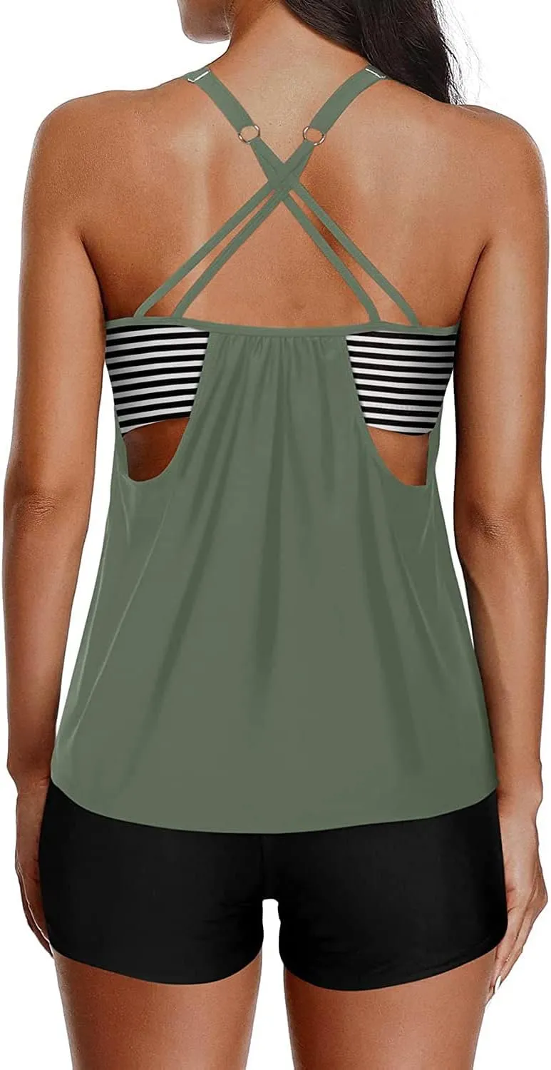 Yonique Tankini Swimsuits for Women Athletic Swim Tank Top with Boy Shorts Two Piece Tummy Control Bathing Suits