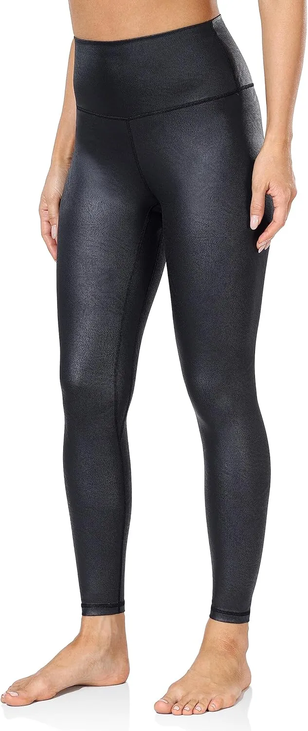 YUNOGA Women's Matte Faux Leather Leggings 7/8 High Waisted Tummy Control Stretch Leather Pants Pleather Tights