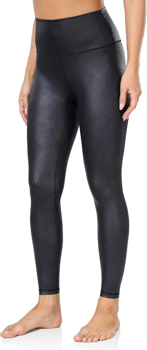 YUNOGA Women's Matte Faux Leather Leggings 7/8 High Waisted Tummy Control Stretch Leather Pants Pleather Tights