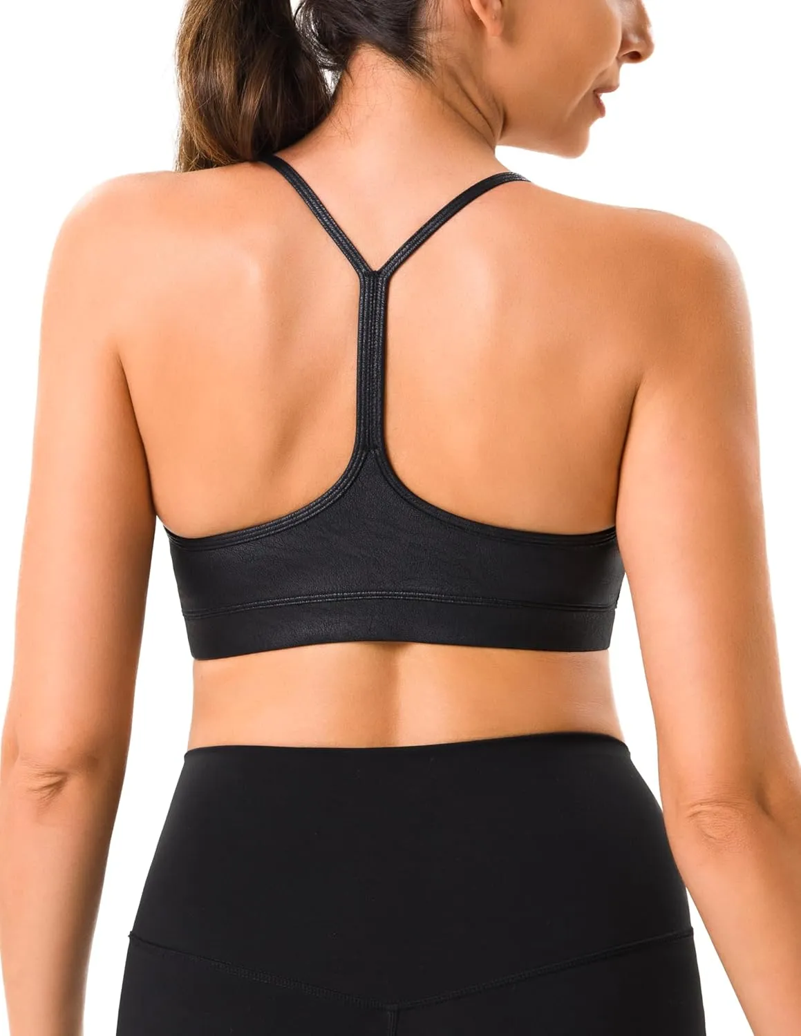 YUNOGA Women's Y Back Matte Faux Leather Sports Bras Padded Racerback Spaghetti Thin Strap Support Workout Yoga Bra