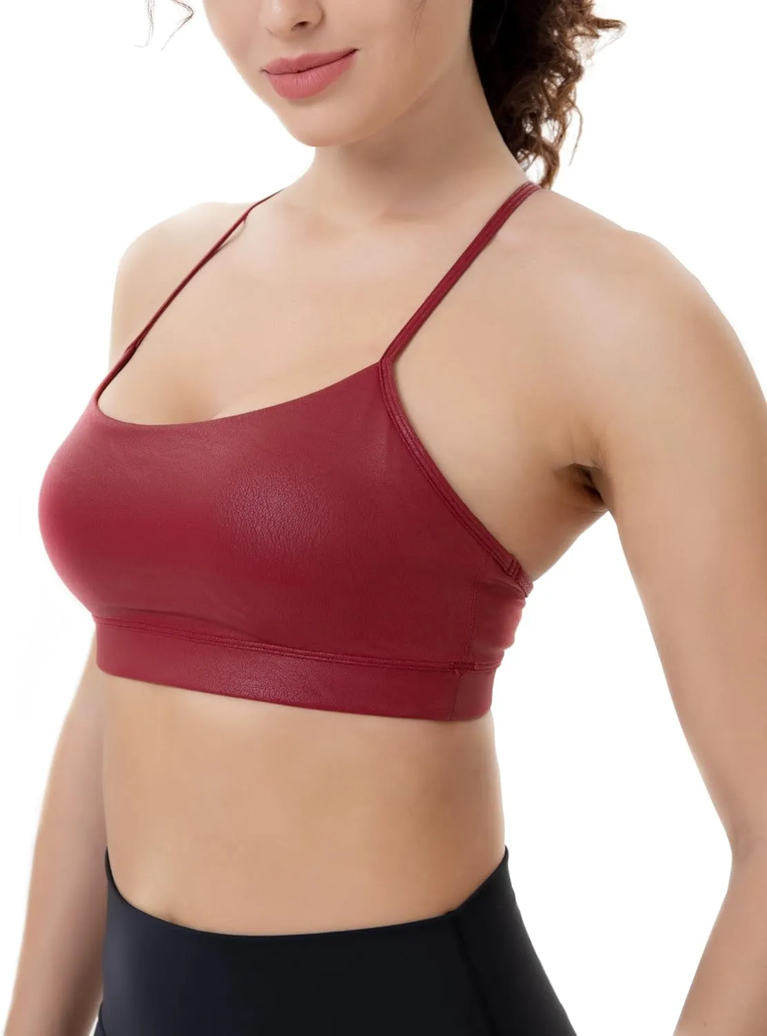 YUNOGA Women's Y Back Matte Faux Leather Sports Bras Padded Racerback Spaghetti Thin Strap Support Workout Yoga Bra