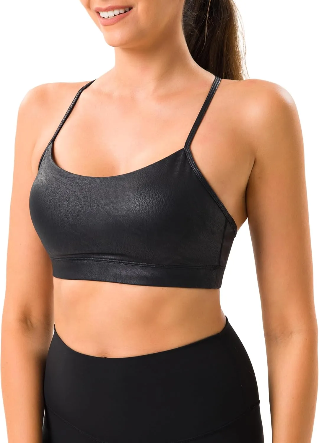 YUNOGA Women's Y Back Matte Faux Leather Sports Bras Padded Racerback Spaghetti Thin Strap Support Workout Yoga Bra
