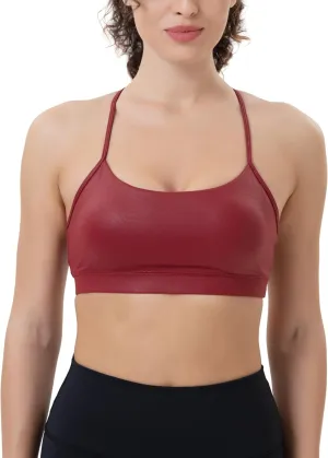 YUNOGA Women's Y Back Matte Faux Leather Sports Bras Padded Racerback Spaghetti Thin Strap Support Workout Yoga Bra