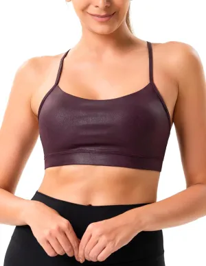 YUNOGA Women's Y Back Matte Faux Leather Sports Bras Padded Racerback Spaghetti Thin Strap Support Workout Yoga Bra
