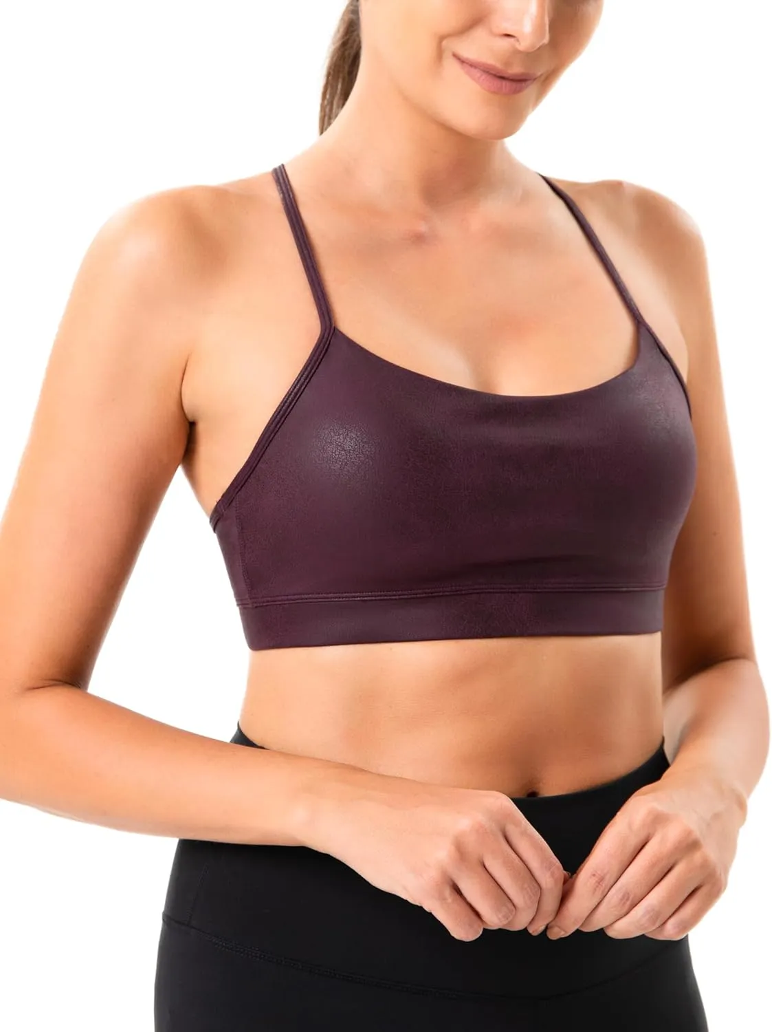 YUNOGA Women's Y Back Matte Faux Leather Sports Bras Padded Racerback Spaghetti Thin Strap Support Workout Yoga Bra