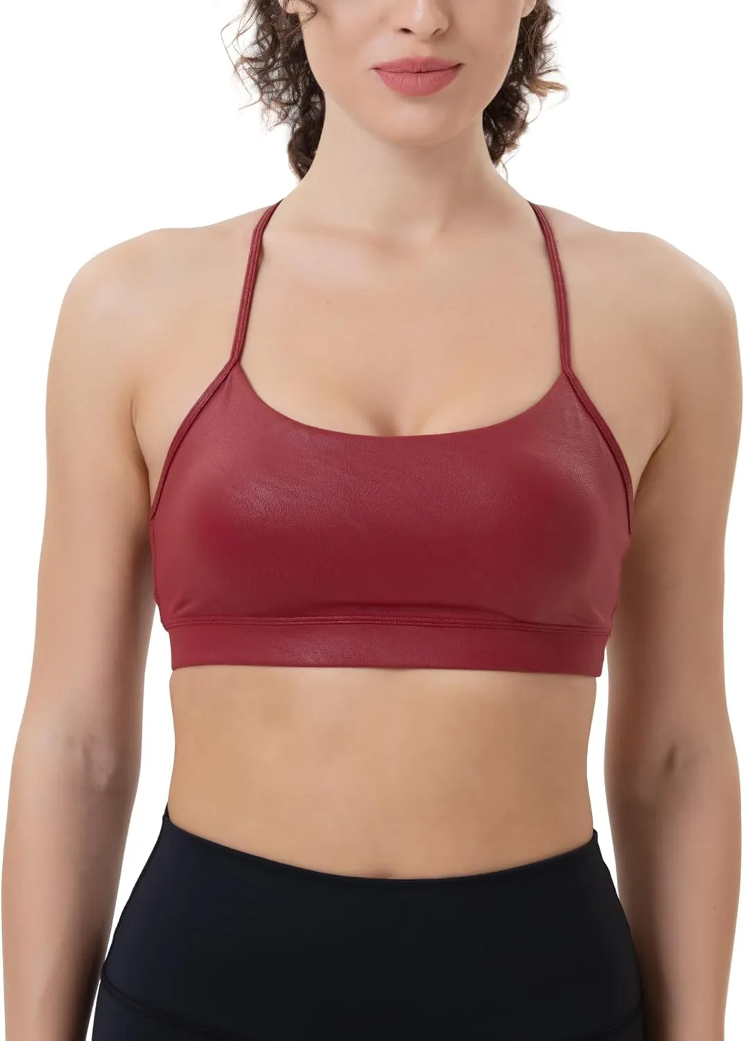 YUNOGA Women's Y Back Matte Faux Leather Sports Bras Padded Racerback Spaghetti Thin Strap Support Workout Yoga Bra