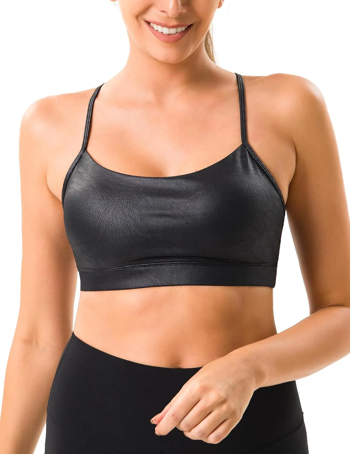 YUNOGA Women's Y Back Matte Faux Leather Sports Bras Padded Racerback Spaghetti Thin Strap Support Workout Yoga Bra