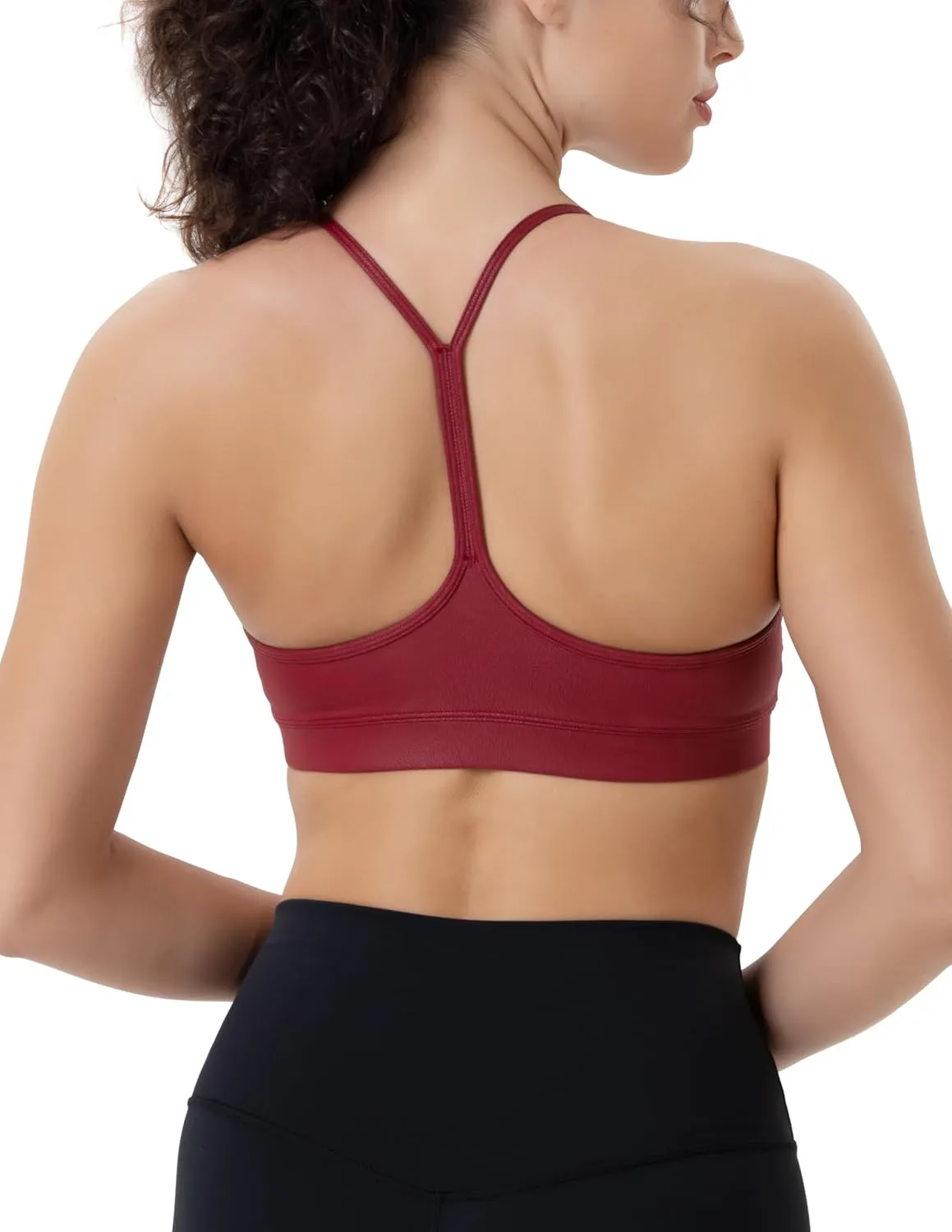 YUNOGA Women's Y Back Matte Faux Leather Sports Bras Padded Racerback Spaghetti Thin Strap Support Workout Yoga Bra